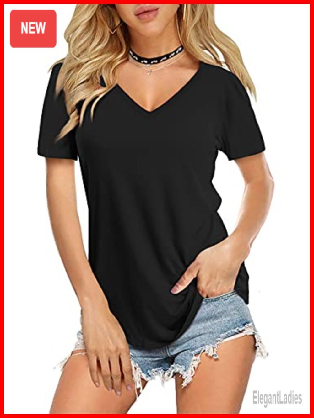 Womens V Neck Short Sleeve T Shirt Curved Hem Basic Tee